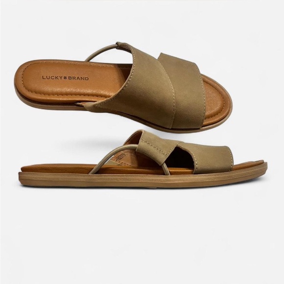 Lucky Brand Nekoda Slide Sandals Dune Taupe Leather Boho Cottagecore Beach Indie - Picture 5 of 8